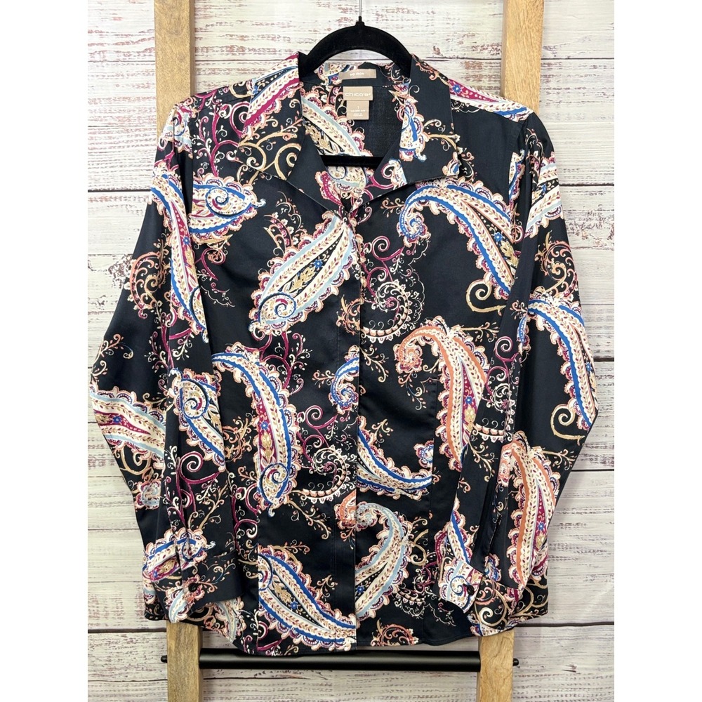 Chico's No Iron Cotton Paisley Button Down Shirt Black Size Medium
